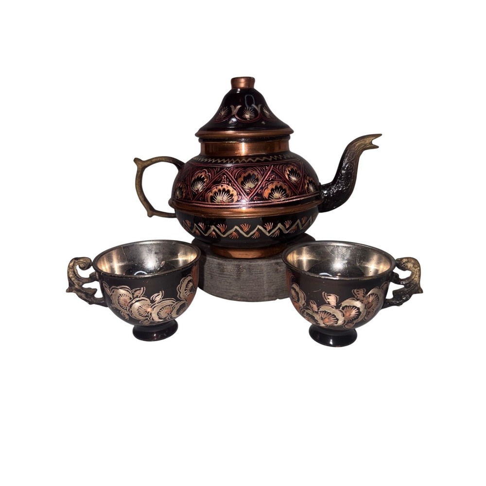 Hand Etched Copper Teapot and Two Cups Set Middle Eastern Floral Design Vintage